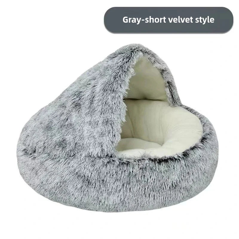 Round Donut Calming Dog & Cat Bed with Hooded Blanket – Anti-Anxiety Cozy Cave Bed