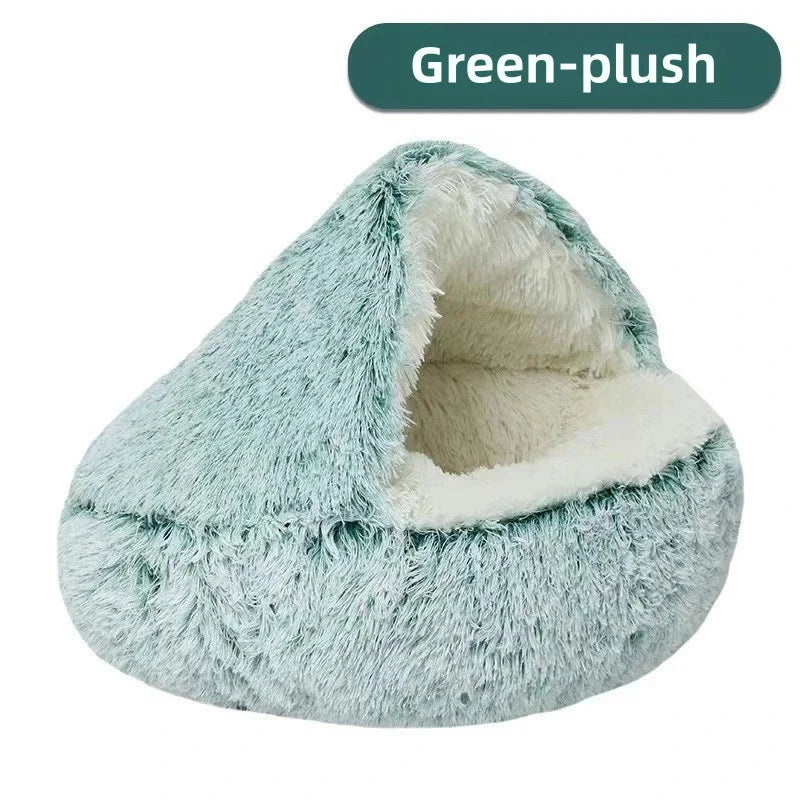 Round Donut Calming Dog & Cat Bed with Hooded Blanket – Anti-Anxiety Cozy Cave Bed