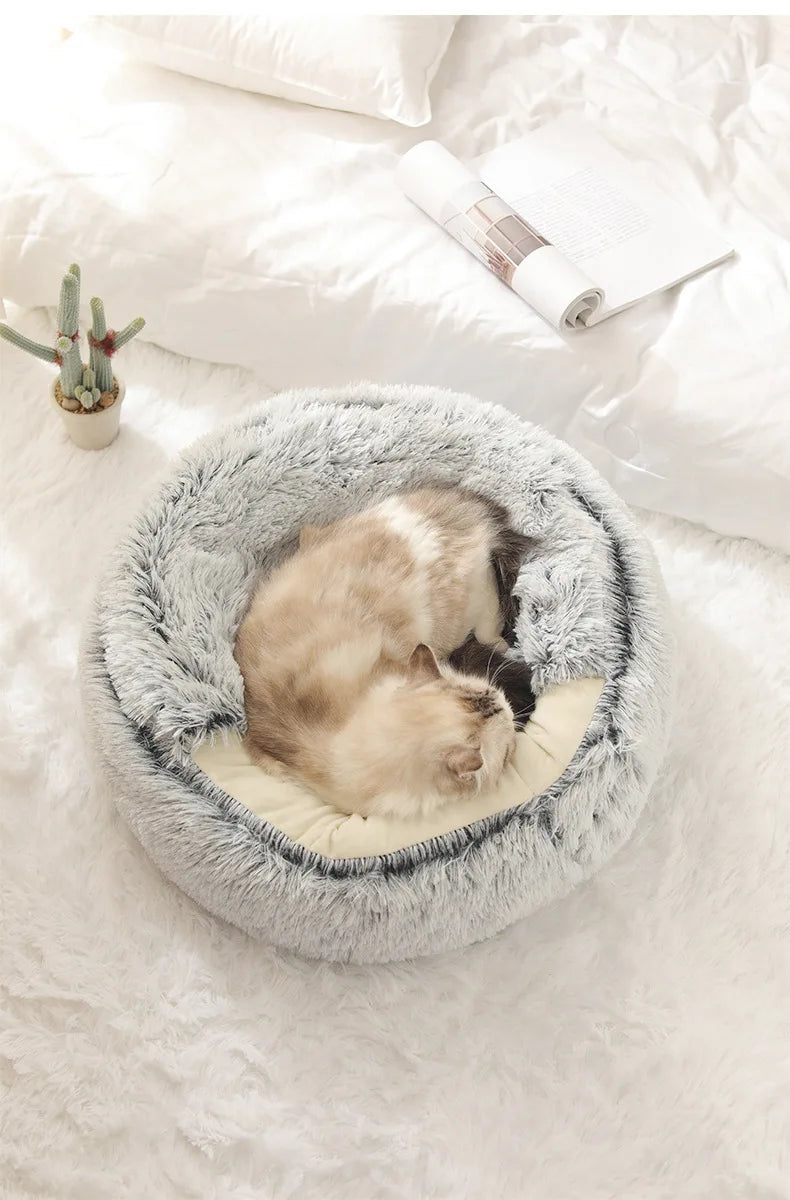 Round Donut Calming Dog & Cat Bed with Hooded Blanket – Anti-Anxiety Cozy Cave Bed