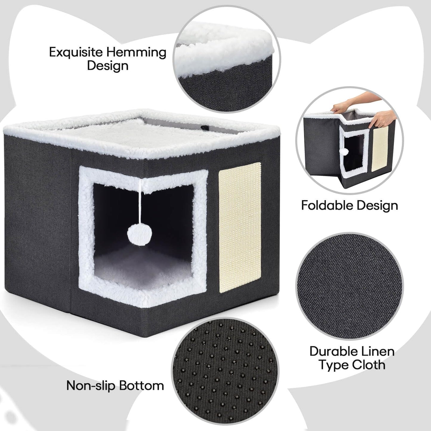 Foldable Cat Cube House with Scratching Board & Cushions – 2-Level Indoor Cat Condo