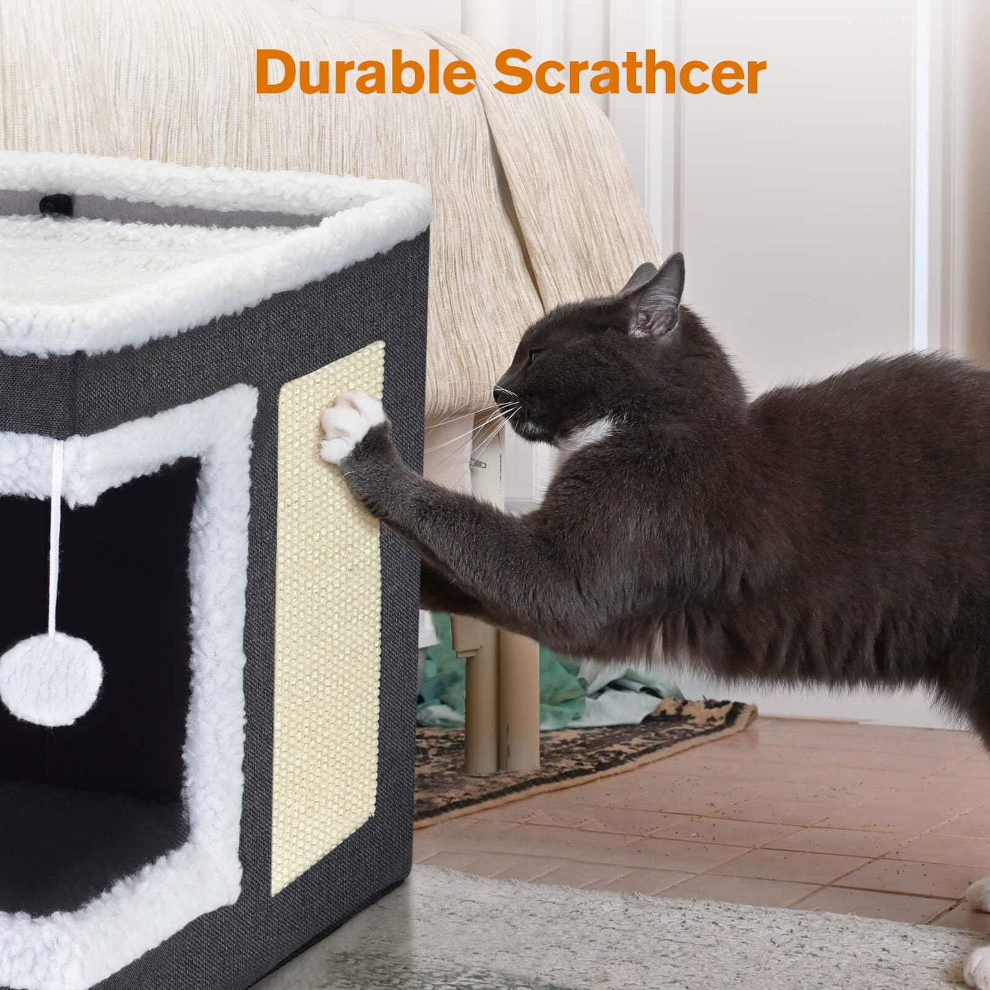 Foldable Cat Cube House with Scratching Board & Cushions – 2-Level Indoor Cat Condo