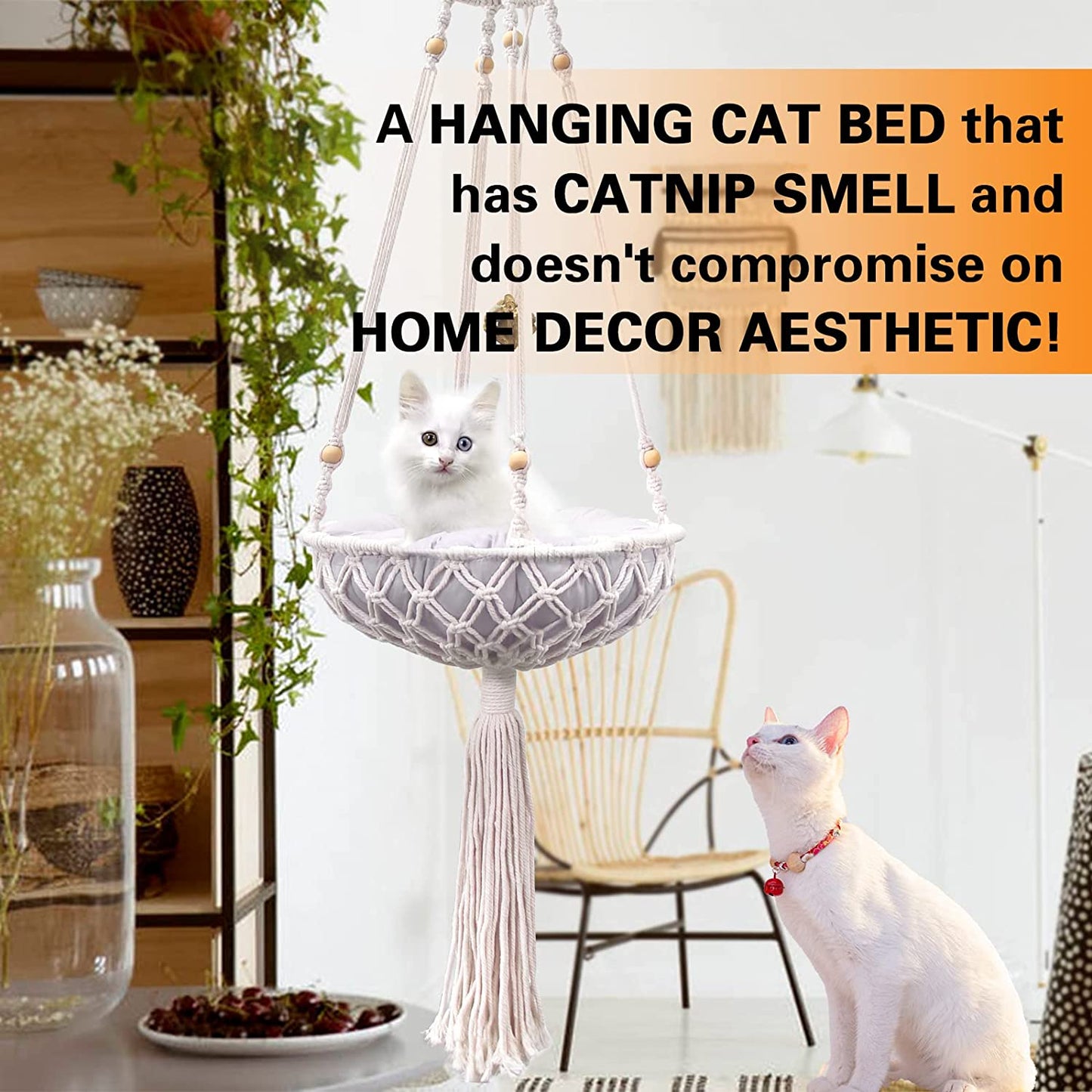 Hanging Macrame Cat Bed – Bohemian Style Swing with Cushion & Cat Toy