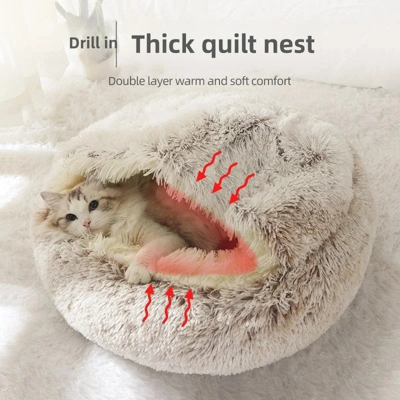 Round Donut Calming Dog & Cat Bed with Hooded Blanket – Anti-Anxiety Cozy Cave Bed