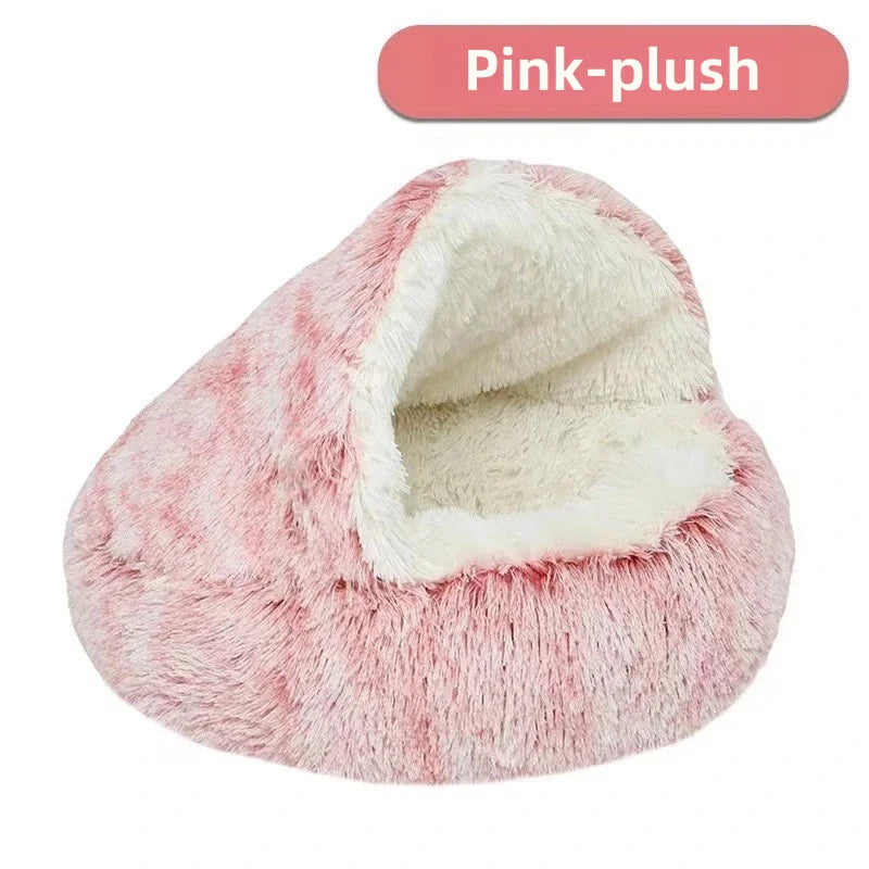 Round Donut Calming Dog & Cat Bed with Hooded Blanket – Anti-Anxiety Cozy Cave Bed