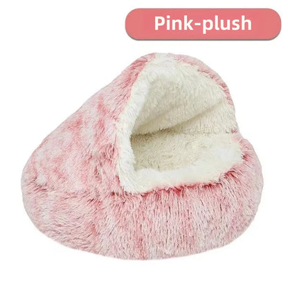 Round Donut Calming Dog & Cat Bed with Hooded Blanket – Anti-Anxiety Cozy Cave Bed