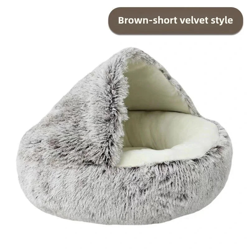 Round Donut Calming Dog & Cat Bed with Hooded Blanket – Anti-Anxiety Cozy Cave Bed