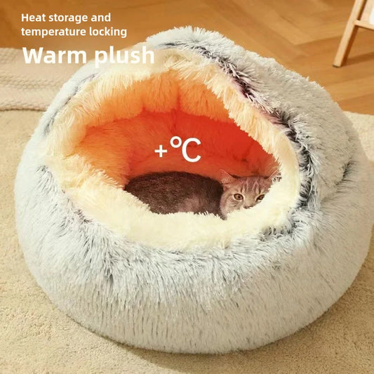 Round Donut Calming Dog & Cat Bed with Hooded Blanket – Anti-Anxiety Cozy Cave Bed