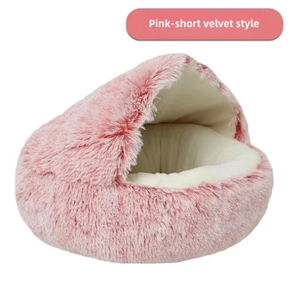 Round Donut Calming Dog & Cat Bed with Hooded Blanket – Anti-Anxiety Cozy Cave Bed