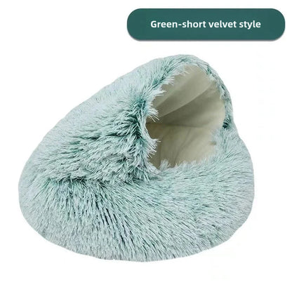 Round Donut Calming Dog & Cat Bed with Hooded Blanket – Anti-Anxiety Cozy Cave Bed