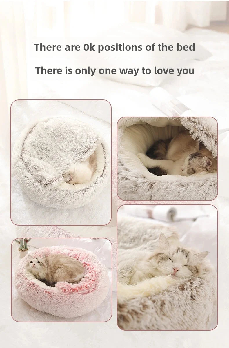 Round Donut Calming Dog & Cat Bed with Hooded Blanket – Anti-Anxiety Cozy Cave Bed