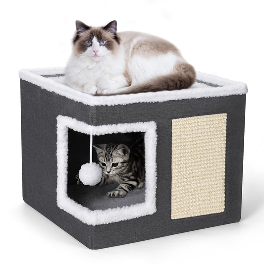  Foldable Cat Cube House with Scratching Board & Cushions – 2-Level Indoor Cat Condo