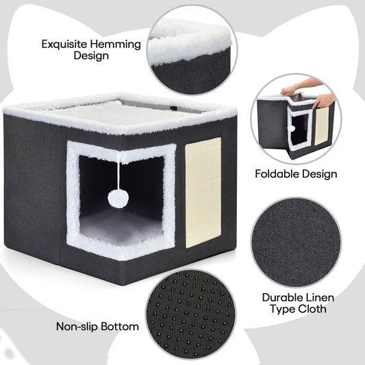  Foldable Cat Cube House with Scratching Board & Cushions – 2-Level Indoor Cat Condo